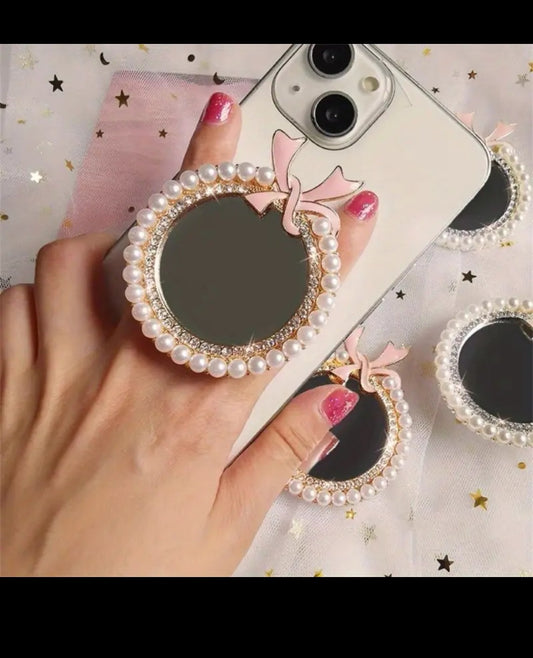 Luxury Pearl Mirror Phone Grip – Elegant Finger Holder & Stand with Rhinestone Accents