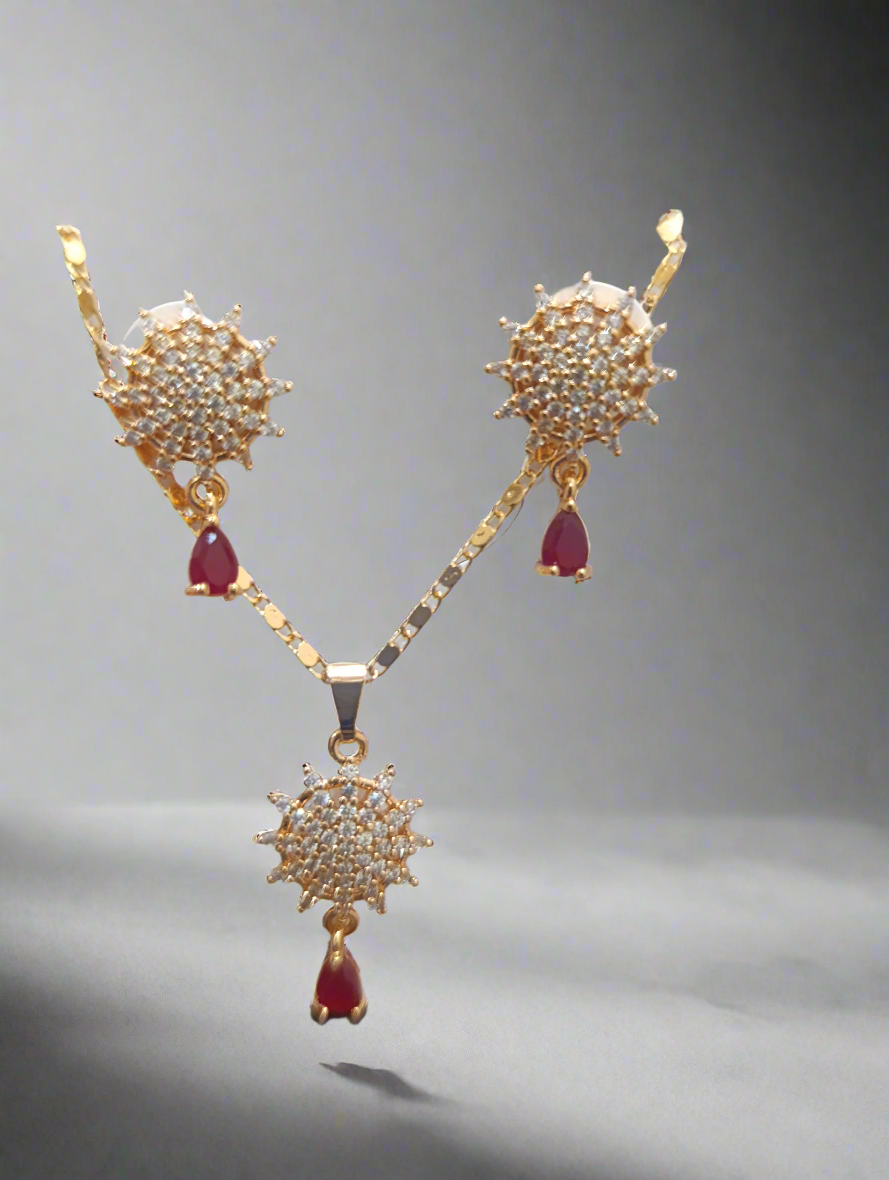 Elegant Gold-Plated Jewelry Set – Necklace & Earrings with Red Gemstone Drops