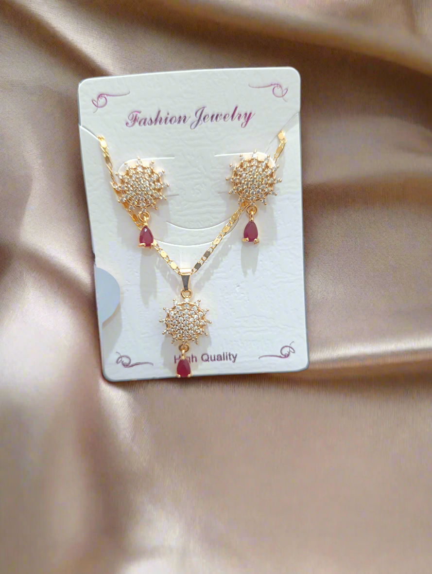 Elegant Gold-Plated Jewelry Set – Necklace & Earrings with Red Gemstone Drops