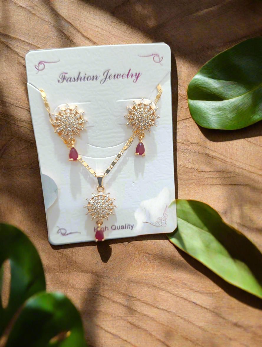 Elegant Gold-Plated Jewelry Set – Necklace & Earrings with Red Gemstone Drops